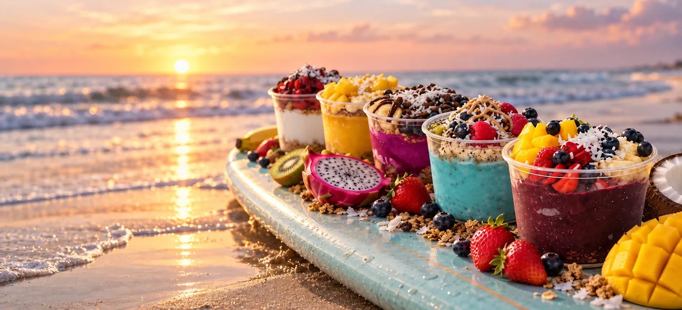 Five fruit-topped bowls staggered on a pale surfboard at the water's edge at sunrise, with fresh fruit around them