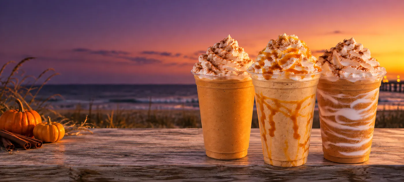 Three Fall Edition smoothies topped with whipped cream on a boardwalk table at dusk, the sea behind: White Chocolate Pumpkin, Caramel Apple Spell with a caramel drizzle, and Pumpkin Spice Magic with a white swirl