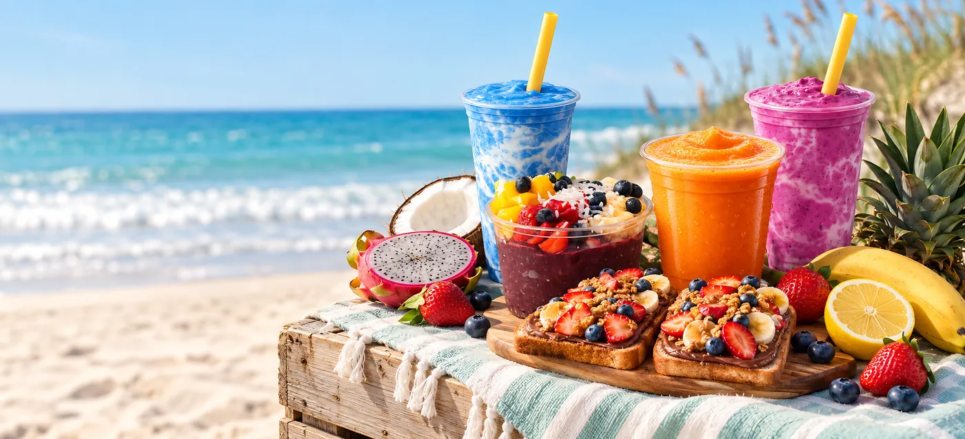 A blue and a pink smoothie, an orange smoothie, an açaí bowl with fresh fruit and two berry toasts on a board, on a weathered crate by the sea with a striped towel and dune grass