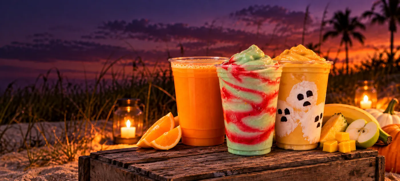 Three Halloween specials on a weathered crate in the dune grass at dusk, lanterns and pumpkins beside them: Witches Brew Juice, orange in a clear cup, Monster Mash, green with a red swirl, and Boo-Na-Na Ghost Creamsicle, orange with white ghosts