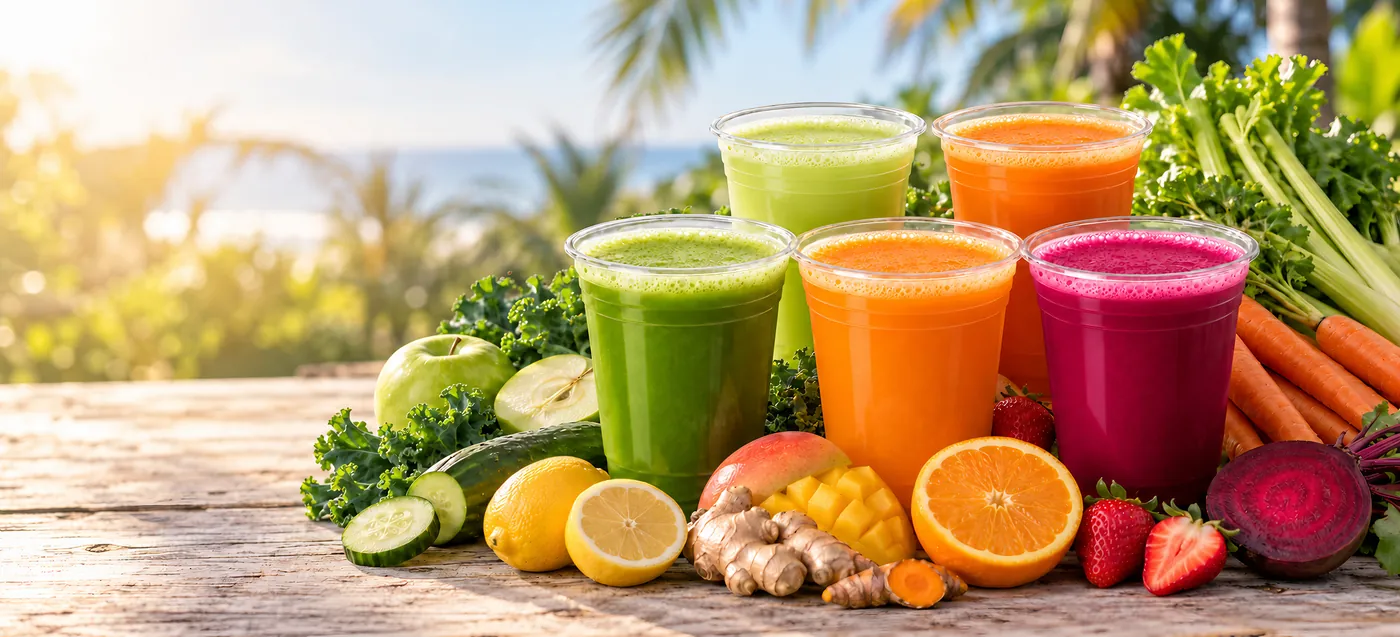 Five fresh juices in two staggered rows among whole fruit and vegetables, on weathered wood in morning light