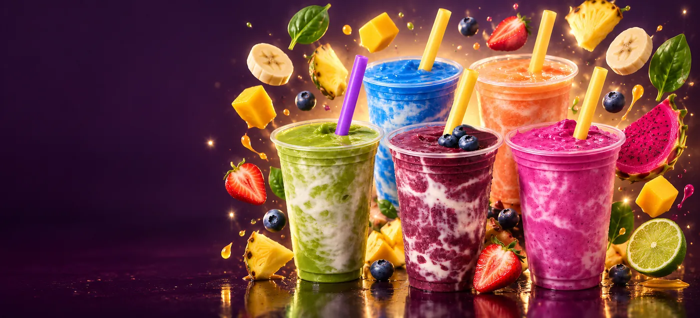 Five smoothies in two staggered rows, green, blue, purple, pink and orange, with fresh fruit in the air on a deep plum background with golden light