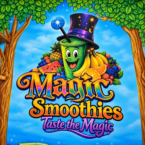 The Magic Smoothies logo, "Taste the Magic", on a wall between two painted trees
