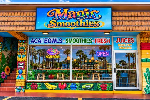 The Magic Smoothies storefront by day: the sign over the shop windows, the door and the steps